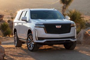 A white 2022 Cadillac Escalade parked in the desert next to some greenery. 